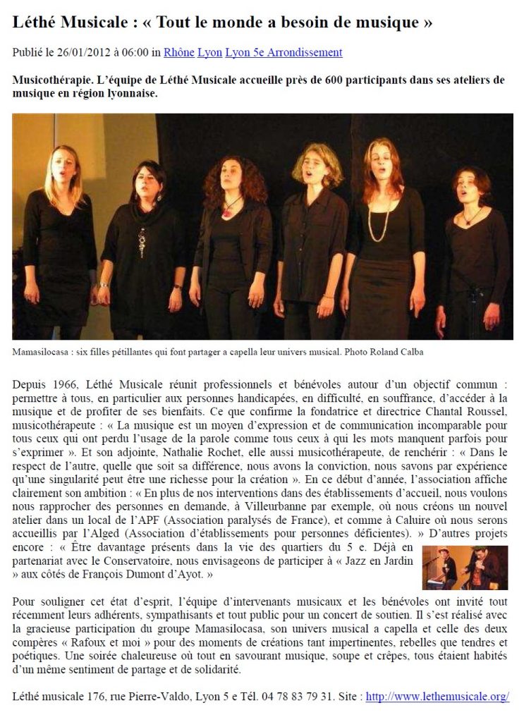 Article paru dans Le Progrès le 26 janvier 2012. Les Mamasilocasa et Rafoux et moi chantent pour Léthé Musicale